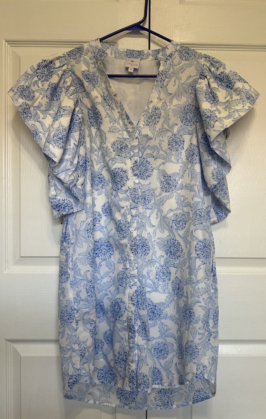 J. Marie Blue White Floral Flutter Sleeve Shift Dress M Coastal Chic 100%Cotton